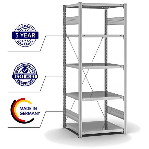 PROREGAL Fachbodenregal Stecksystem T-Profil Light-Duty Grundregal HxBxT 200 x 75 x 60 cm 5 Ebenen Fachlast 140 kg Einseitig Nutzbar Verzinkt