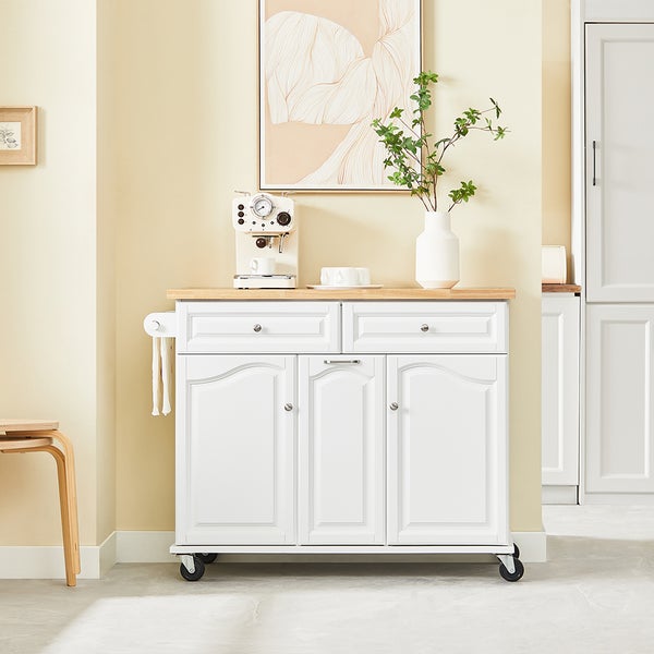 Küchenwagen mit Schubladen, Schranktüren und Rädern in einer Küche.