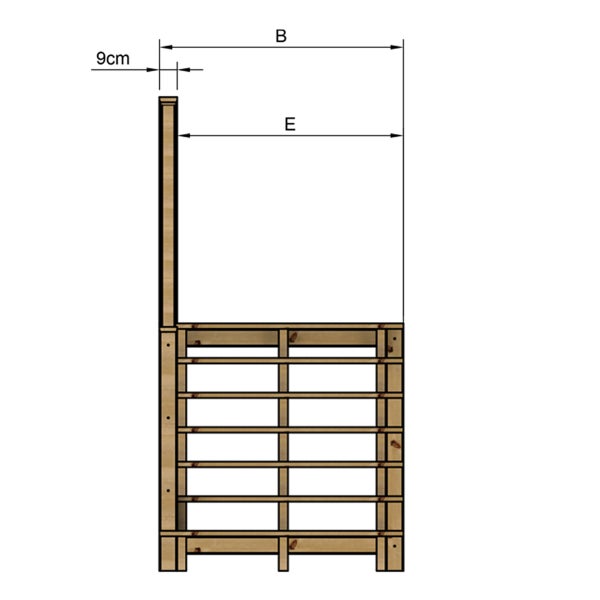 Abbildung einer Holzkonstruktion mit den Maßen 9 Zentimeter, B und E.