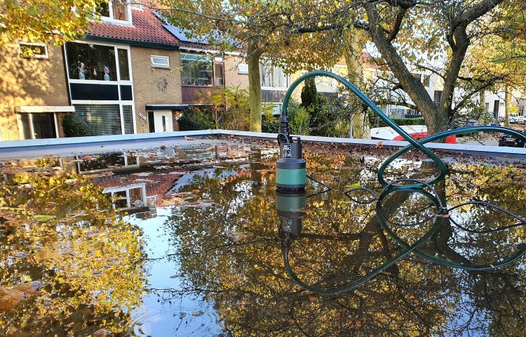Kellerentwässerungspumpe auf einem Dach mit stehendem Wasser und Herbstlaub