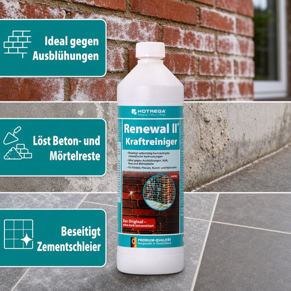 Hotrega Renewal II Kraftreiniger Flasche für Klinker Fliesen und Naturstein gegen Ausblühungen und Mörtelreste