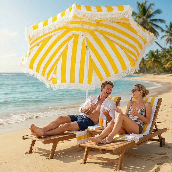 Outsunny Sonnenschirm Strand Ø180 cm windfest Strandschirm mit Sandanker verstellbarer Neigung Tragetasche Balkon-Schirm Gartenschirm sicherer Sonnenschutz für Reisen Strand Balkon Camping Gelb+Weiß