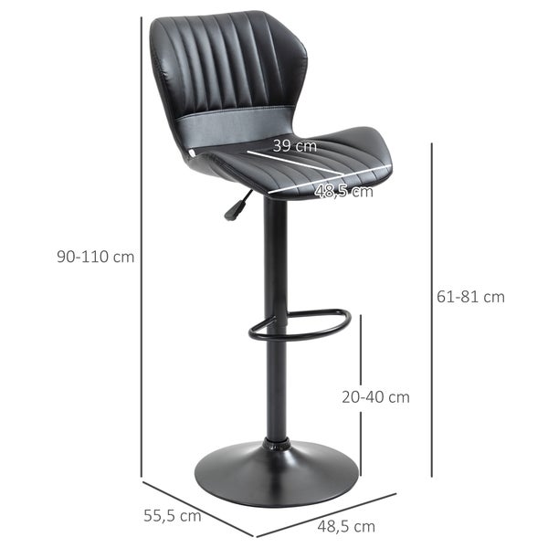 HOMCOM 2er-Set Barhocker 360° drehbare Barstühle höhenverstellbar Bistrohocker mit Rückenlehne Drehstühle für Bartheke Küche und Esszimmer modernes Design Kunstleder Schwarz 48,5 x 55,5 x 90-110 cm