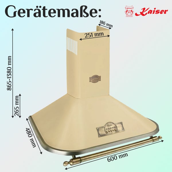 Kaiser Wandhaube Empire mit Maßen: Breite 600 Millimeter, Tiefe 480 Millimeter, Gesamthöhe 865 bis 1380 Millimeter. Kaiser Logo.