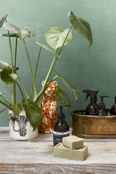 Dekorative Szene mit Zimmerpflanze, Tierfigur, Handseife und Sprühflaschen auf einem Tisch