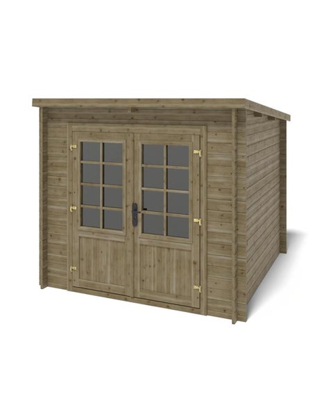 Holzgartenhaus mit Pultdach und Doppeltüren mit Glaseinsätzen