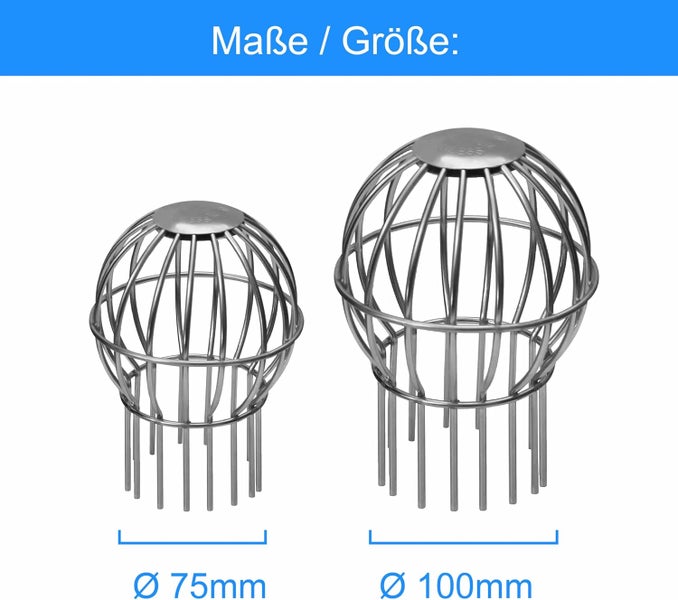Laubfangkörbe aus Metalldraht für Dachrinnen, Durchmesser 75 Millimeter und 100 Millimeter.
