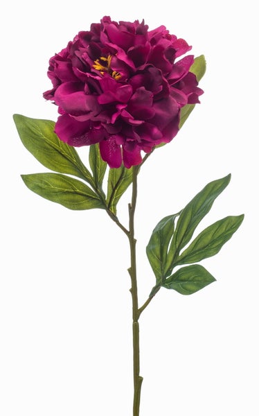 Künstliche Pfingstrose pink aus Textil mit gelber Mitte und grünen Blättern.