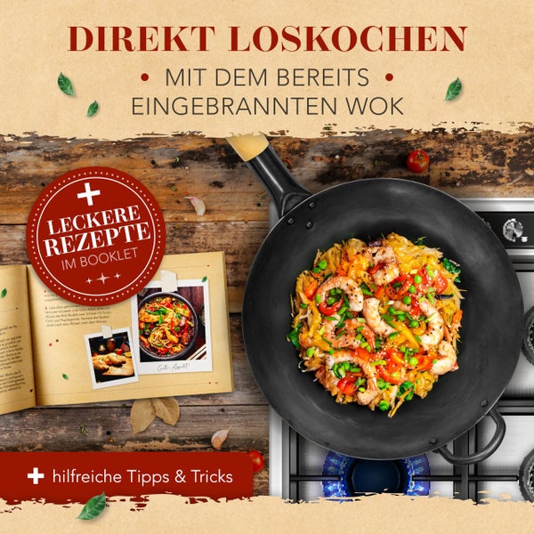 KRUSTENZAUBER 36cm Wokpfanne Induktion voreingebrannt - Traditionelle Stahlwokpfanne mit Wokwender u. Wokring - Wok Pfanne, Wok Induktion, Woklette, Wok Zubehör, Carbon Steel Wok Karbonstahl