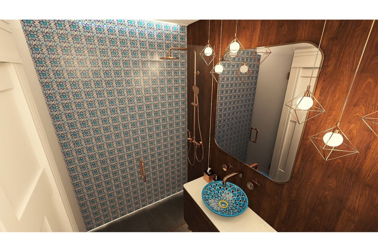 Badezimmer mit Mosaikfliesen, Dusche, Waschbecken und Spiegel