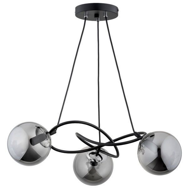 Moderne Pendelleuchte mit drei kugelförmigen Glaskugeln und schwarzem Metallgestell zur Deckenmontage