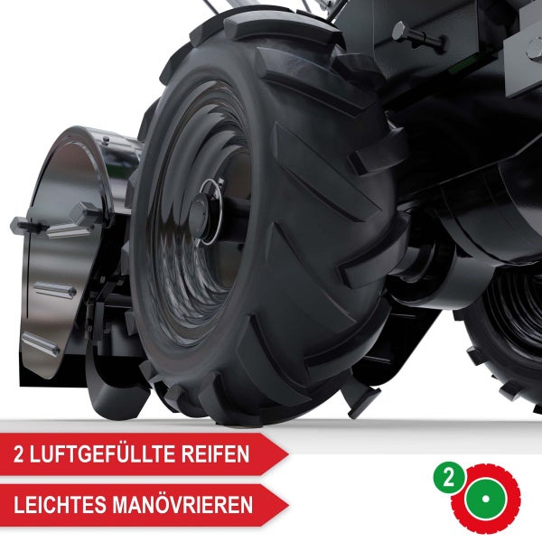 Zwei luftgefüllte Reifen eines Gartengeräts mit grobem Profil für leichtes Manövrieren.
