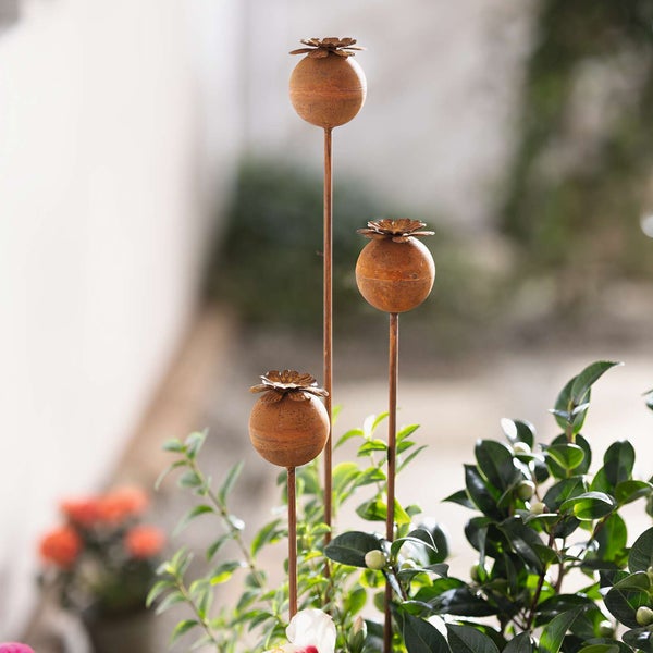 FRANK FLECHTWAREN | Gartenstecker Mohn, 3er Set, H: 60 cm, H: 80 cm, H: 100 cm, METALL