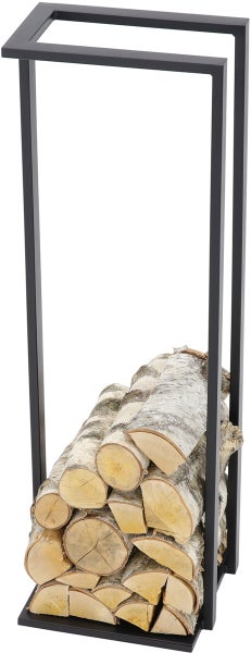 Brennholzregal aus Metall mit Holzscheiten