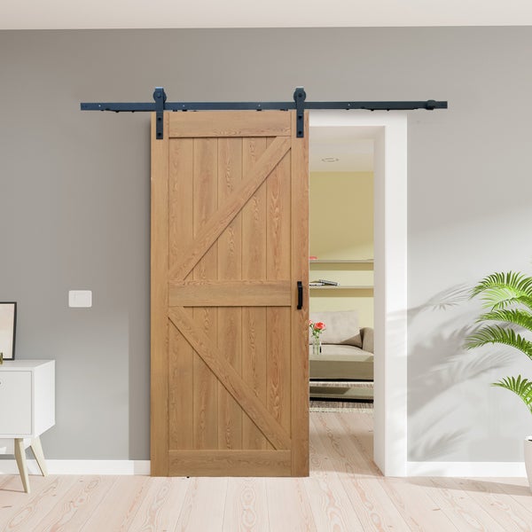 Holzschiebetür Komplettset Scheunentor Oak verschiedene Größen offene Laufschiene schwarz 35mm -  900x2150mm