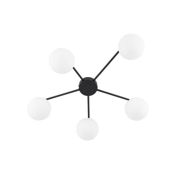 Deckenleuchte mit fünf Glaskugeln und schwarzem Gestell