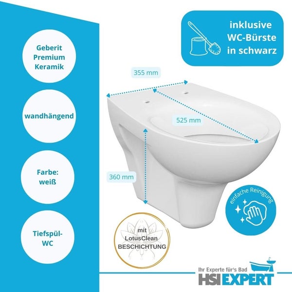 Wandhängendes Tiefspül-WC aus Premium Keramik mit LotusClean Beschichtung und den Maßen 355 mm, 525 mm und 360 mm inklusive WC-Bürste.
