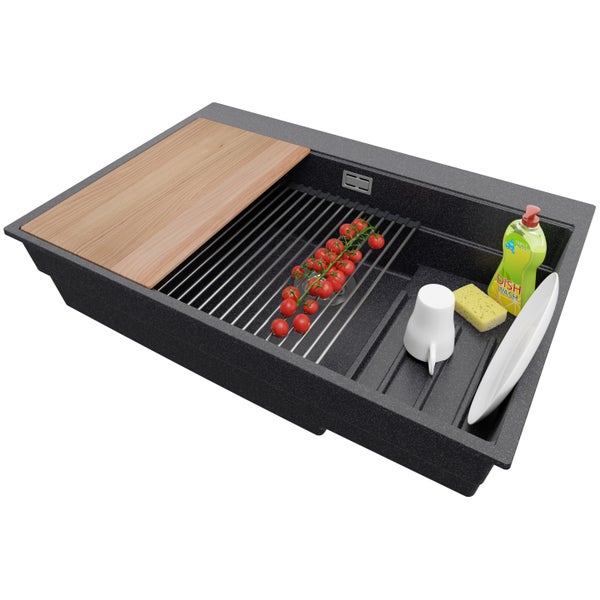 PRIMAGRAN Spülbecken Anthrazit 78x53cm, Granitspüle 1 Becken + Ablauf-Set + Küchenzubehörset, Küchenspüle ab 80er Unterschrank - Oslo Max