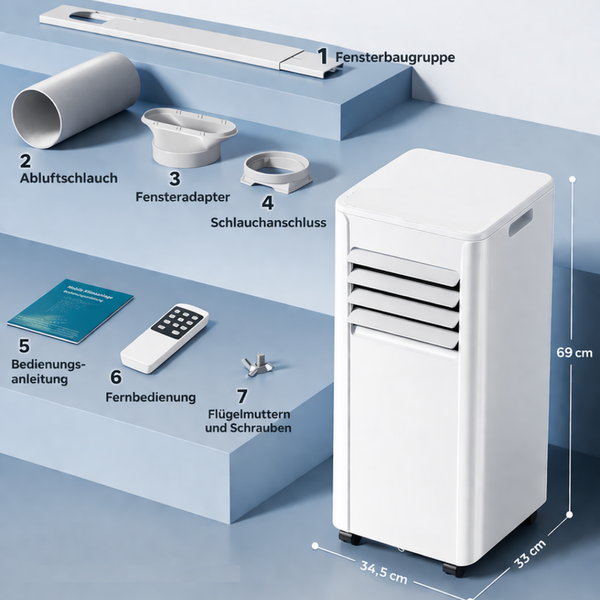 Mobile Klimaanlage mit Fensterkit, Schlauch, Fernbedienung und Anleitung. Maße: 69 Zentimeter hoch, 34,5 Zentimeter breit, 33 Zentimeter tief.
