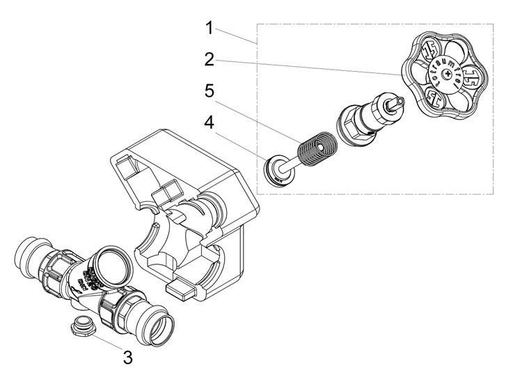 Explosionszeichnung einer frostsicheren Armatur mit nummerierten Ersatzteilen wie Handrad, Ventiloberteil und Dämmbox.