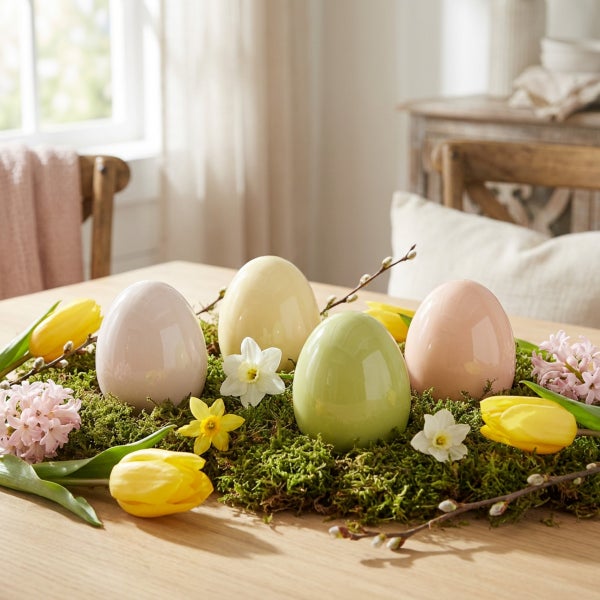 Osterdekoration mit vier glänzenden Eiern aus Keramik, umgeben von Moos, Tulpen, Narzissen und Hyazinthen auf einem Holztisch in einem Wohnraum.