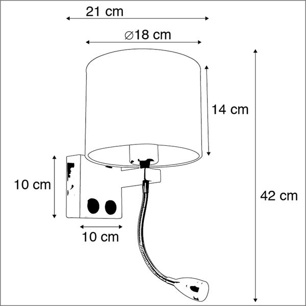 Technische Zeichnung einer Wandleuchte mit Schirm und Lesearm mit den Maßen 42, 14, 21 und 10 cm