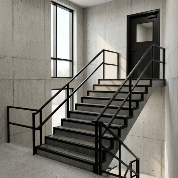 Industrielle Treppe in einem modernen Raum mit Sichtbetonwänden, schwarzem Metallgeländer und einer schwarzen Tür mit Fensterausschnitt.