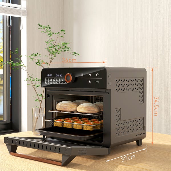 HOMCOM Minibackofen mit Umluft, 20L, 3 in 1 mit Grillrost, 40 °C-220 °C, mit Frittierkorb, Timer, Innenbeleuchtung, 1400W, 36L x 37B x 34,5H cm, Edelstahl, Schwarz