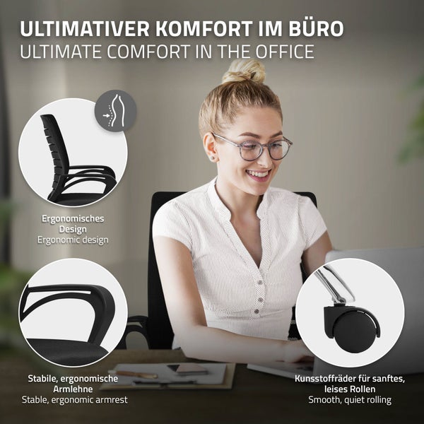 ML-Design Bürostuhl ergonomisch, Schwarz, Höhenverstellbarer Schreibtischstuhl mit Armlehnen, Computerstuhl mit atmungsaktiver Netzbespannung, Wippfunktion, 360° Drehstuhl mit Rollen, Gaming Stuhl