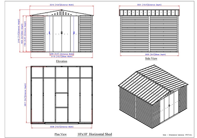 Technische Zeichnung eines Metallgerätehauses mit Maßen für Höhe, Breite und Tiefe in der Frontansicht, Seitenansicht und Draufsicht.