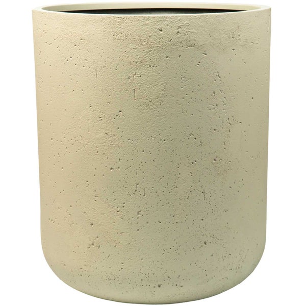 Zylindrischer Pflanztopf in Beige mit Betonoptik und abgerundetem Boden.