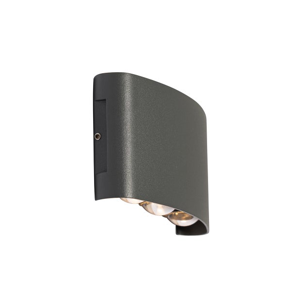 Moderne Außenwandleuchte aus anthrazitfarbenem Metall mit gebogener Front und sichtbaren LED-Leuchtmitteln an der Unterseite.