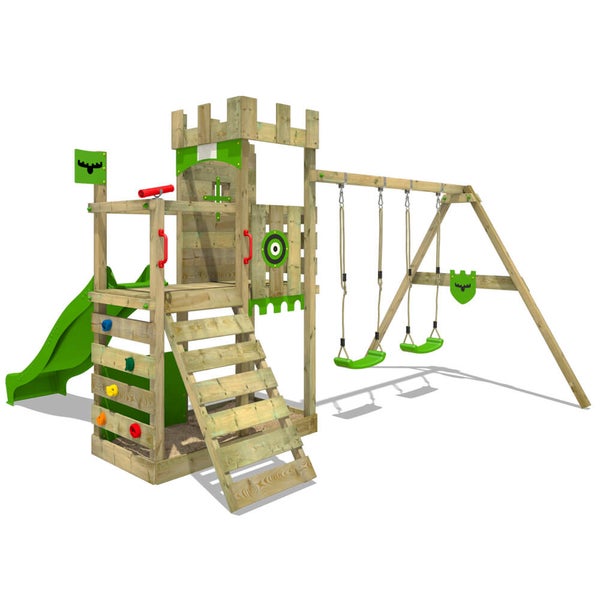 Fatmoose Spielturm Klettergerüst BoldBaron mit Doppelschaukel und Rutsche  – grün