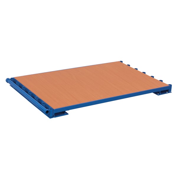 Bodenplatte für Etagenwagen mit Holzwerkstoffplatte und blauem Stahlrahmen mit Einsteckhülsen.