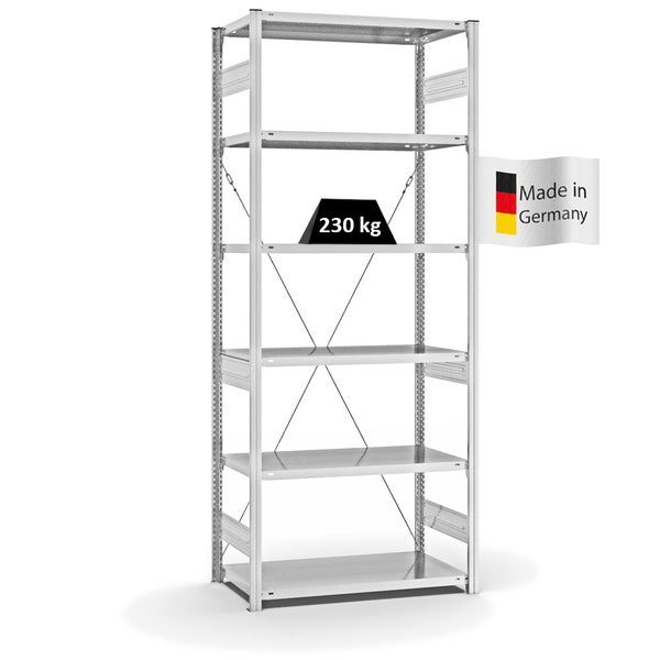 PROREGAL Fachbodenregal Stecksystem T-Profil Medium-Duty Grundregal HxBxT 250 x 100 x 50 cm 6 Ebenen Fachlast 230 kg Einseitig Nutzbar Lichtgrau