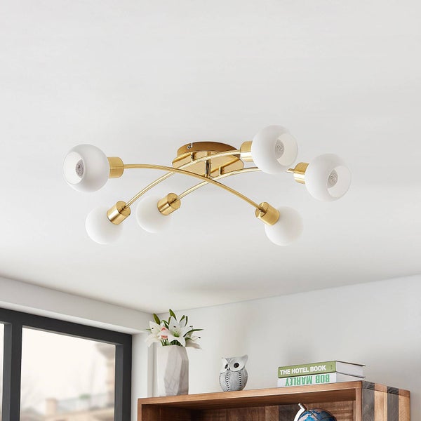 Deckenleuchte mit sechs Leuchten und goldfarbenem Gestell