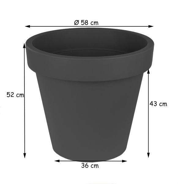 XXL Blumentopf Ø 58 cm aus Kunststoff - Anthrazit - Pflanztopf Containertopf Übertopf Pflanzkübel rund - Drainage-Möglichkeit