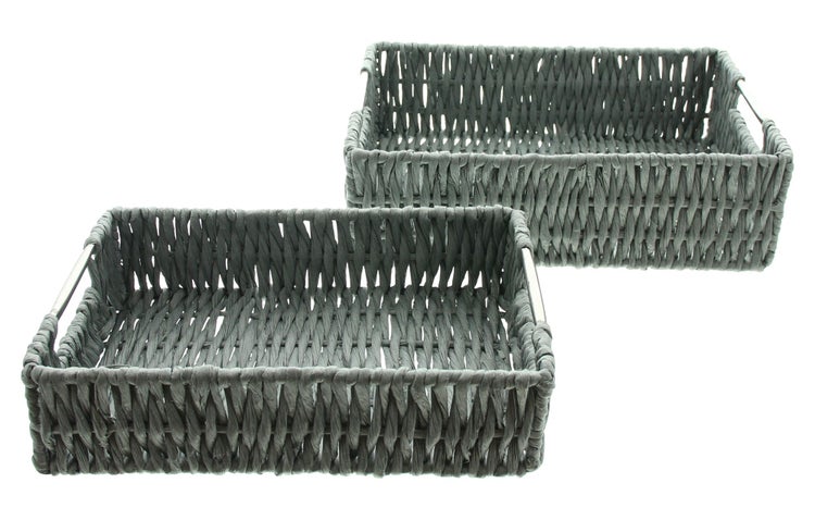FRANK FLECHTWAREN | Schale Grau, 2er Set, PAPIERSCHNUR, METALL, 29 x 19 x 8 cm, 33 x 23 x 10 cm