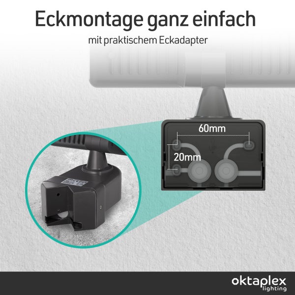 Eckadapter von Oktaplex Lighting für einfache Eckmontage mit Maßangaben von 60 Millimeter und 20 Millimeter.