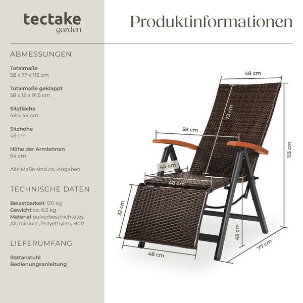 Rattanstuhl tectake Brisbane  58 x 77 x 113 cm mit Aluminiumgestell braun