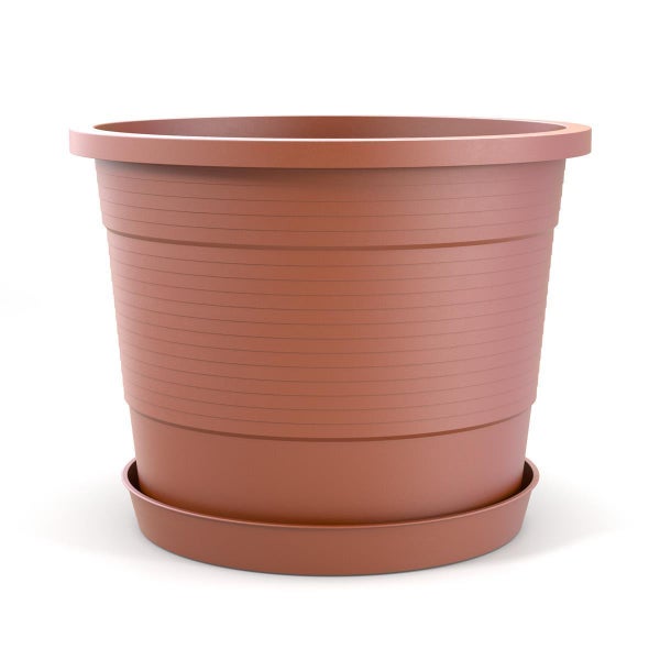 Plastard Blumentopf Terra Ø 35 cm Terrakotta mit Untersetzer, wetterfester Pflanzkübel, Pflanztopf, Blumenkübel, Übertopf aus Kunststoff mit Überlauf