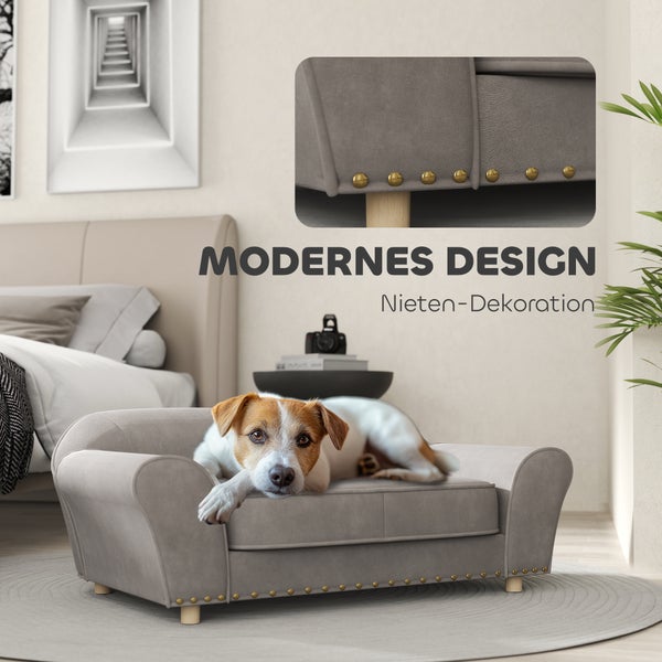 PawHut Hundesofa für kleine Hunde, Hundebett mit abnehmbarem und waschbarem Kissen, Haustiersofa mit Nietendekoration, 10 kg, Grau