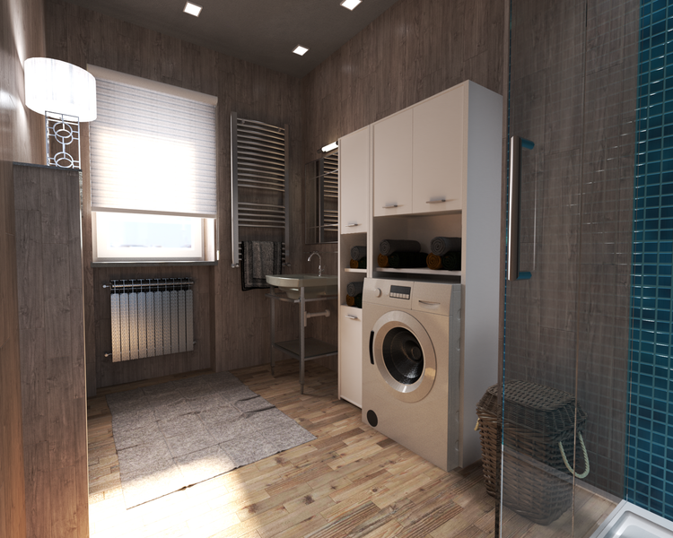 Modernes Badezimmer mit Waschmaschine, Waschbecken, Heizkörper und Dusche.