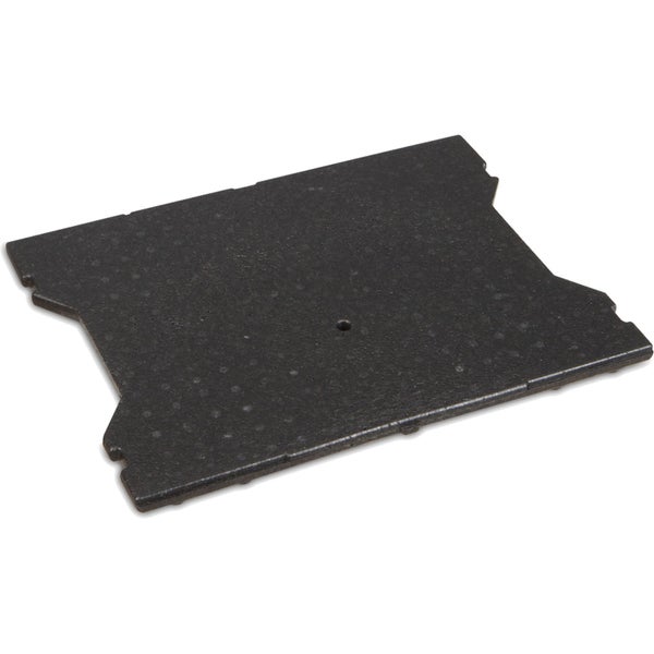 Schwarze Dämmplatte aus Schaumstoff mit seitlichen Kerben und einem Loch in der Mitte.