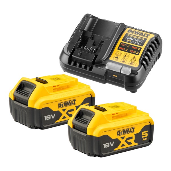 DeWalt Akku-Set mit zwei 18 Volt XR 5 Amperestunden Lithium-Ionen Akkus und einem DCB1104 Ladegerät sowie DeWalt Logo.