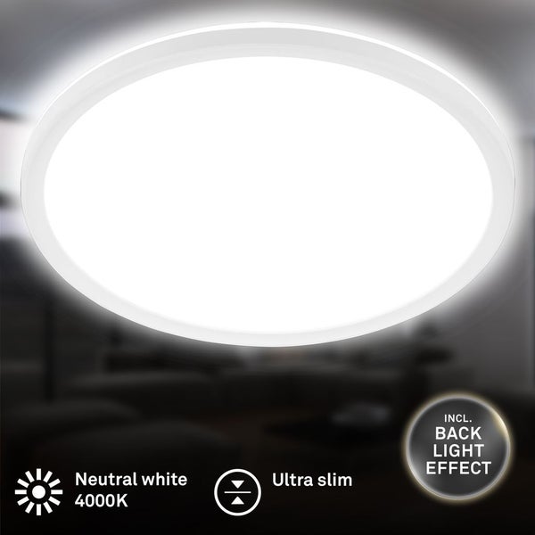 Ultraflache runde LED Deckenleuchte mit neutralweißem Licht von 4000 Kelvin und zusätzlichem indirektem Backlight-Effekt.