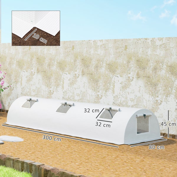 Outsunny Gewächshaus mit Rollfenster Runddach, winterfest Foliengewächshaus aus Stahl wasserabweisend Treibhaus für Balkon Tomatenhaus mit UV schutz 300x80x45cm Tomatengewächshaus für Gemüse, Weiß
