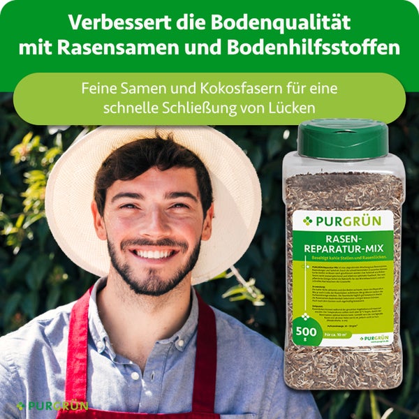 Ein lächelnder Gärtner mit Hut neben einer 500 Gramm Packung Purgrün Rasen-Reparatur-Mix für circa 10 Quadratmeter mit Rasensamen und Kokosfasern.