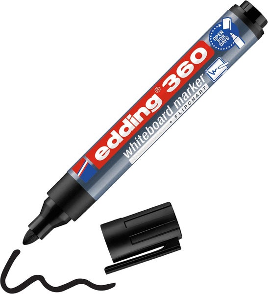 Edding 360 Whiteboardmarker mit geöffneter Kappe und Tintenstrich