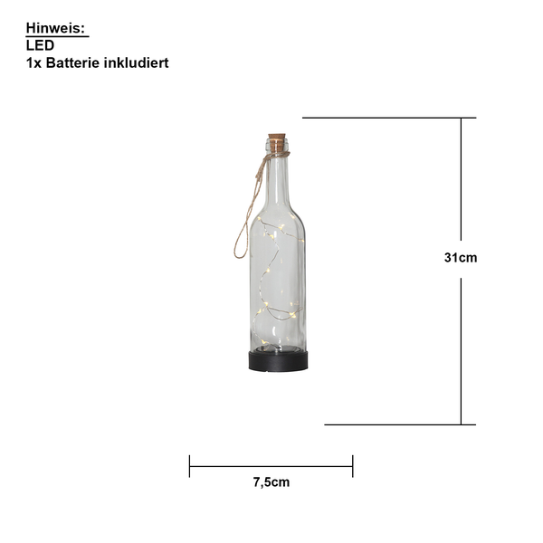 Dekorative Glasflasche mit LED-Lichterkette, inklusive Batterie und Korken, 31 cm hoch und 7,5 cm breit.